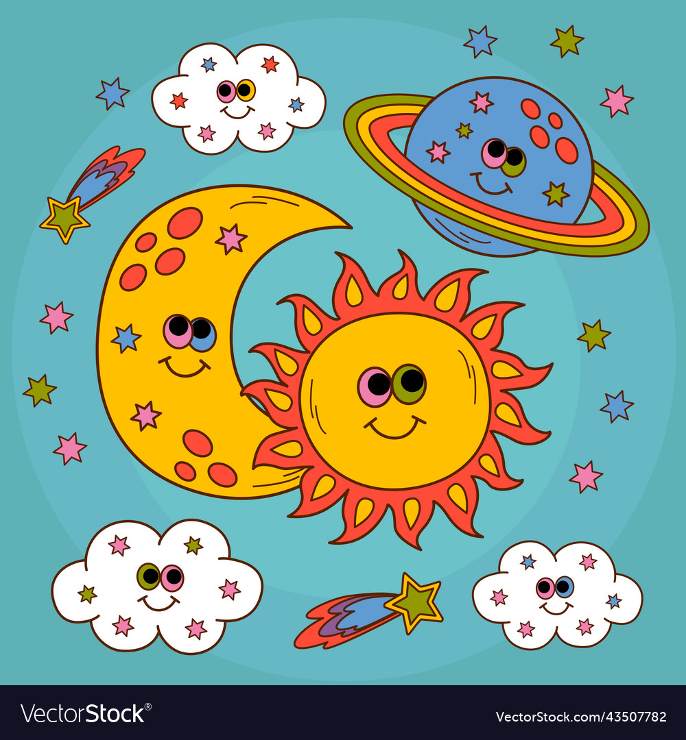 Cute poster with smiling sun moon planet cloud vector image Cute poster with smiling sun moon planet cloud