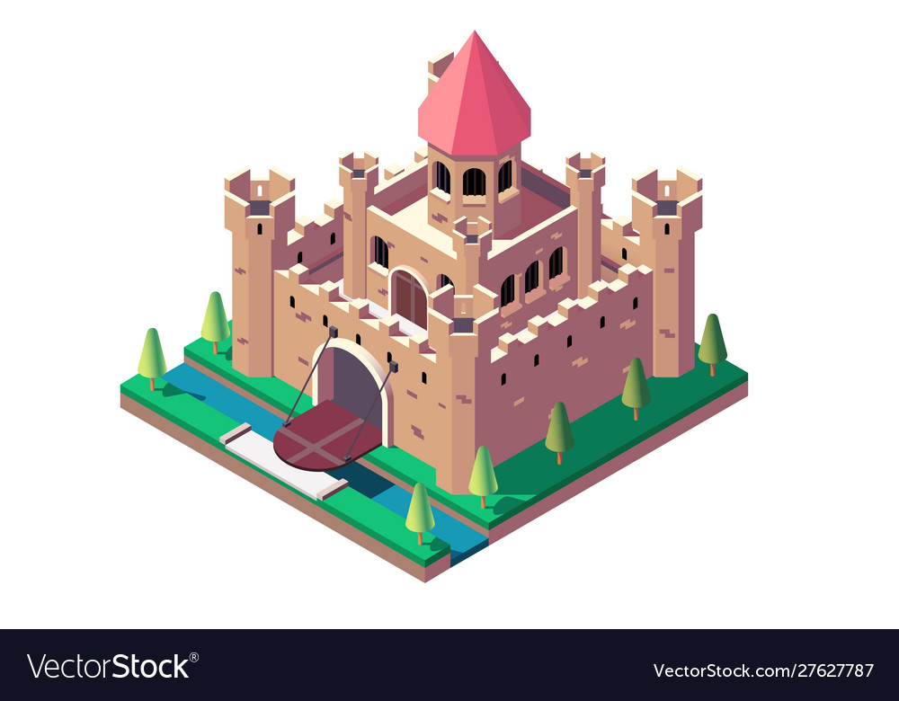 3d isometric medieval castle with open gate and Vector Image