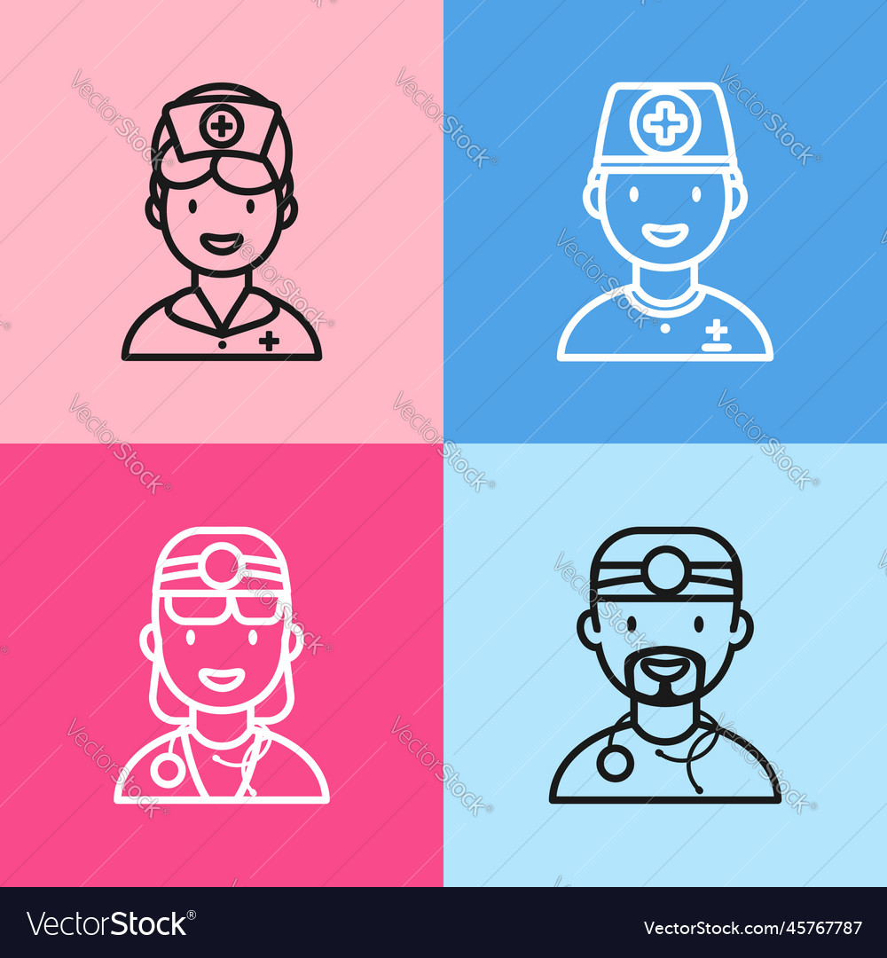 Doctor and nurse line icons set