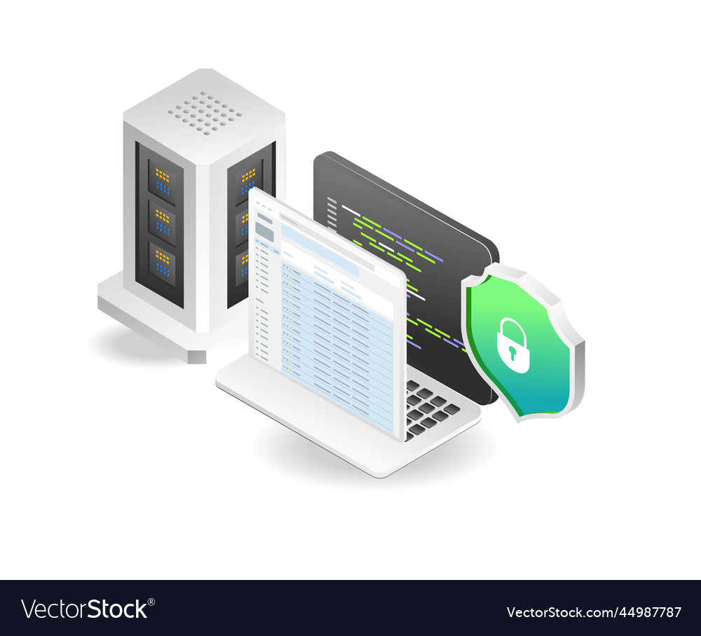 Flat isometric concept of server security screen vector image Flat isometric concept of server security screen