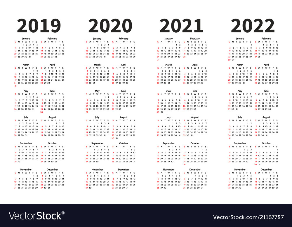 Year Calendar 2019-2022