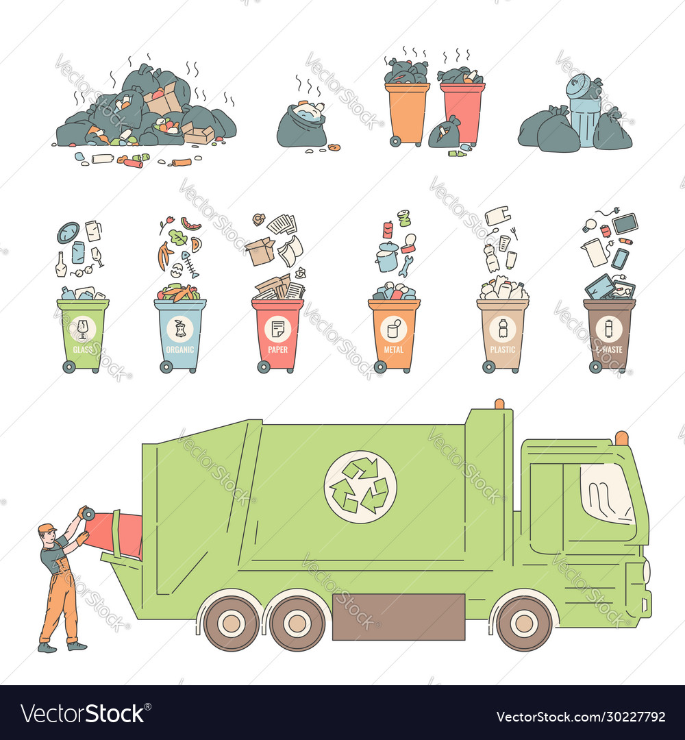 Sorting recycling waste cans and bags worker
