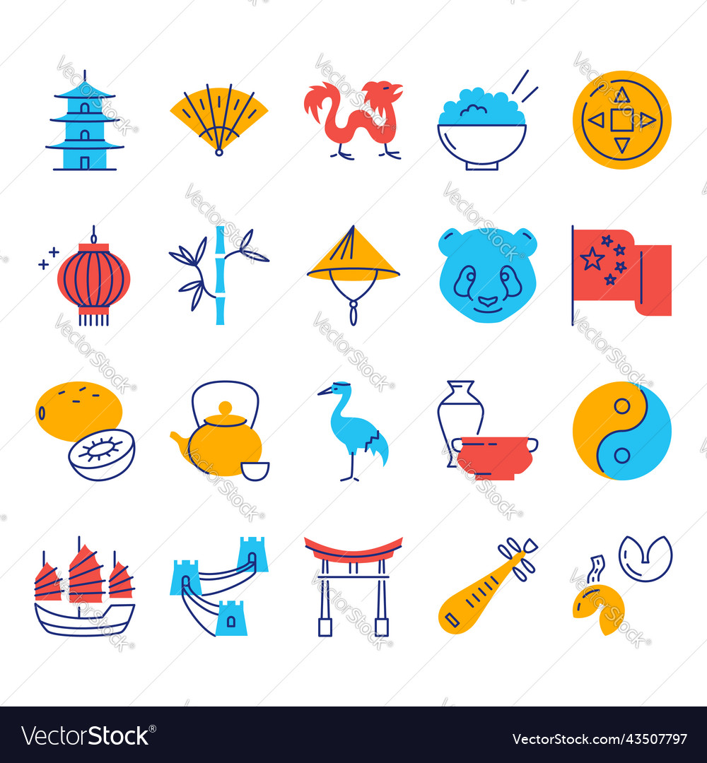 China icon set in colored line style vector image China icon set in colored line style