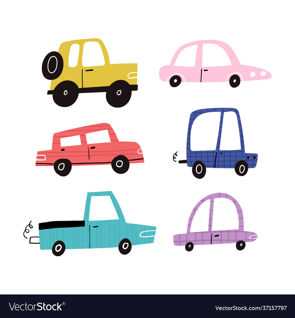 Hand drawn funny motor cars collection isolated vector image Hand drawn funny motor cars collection isolated
