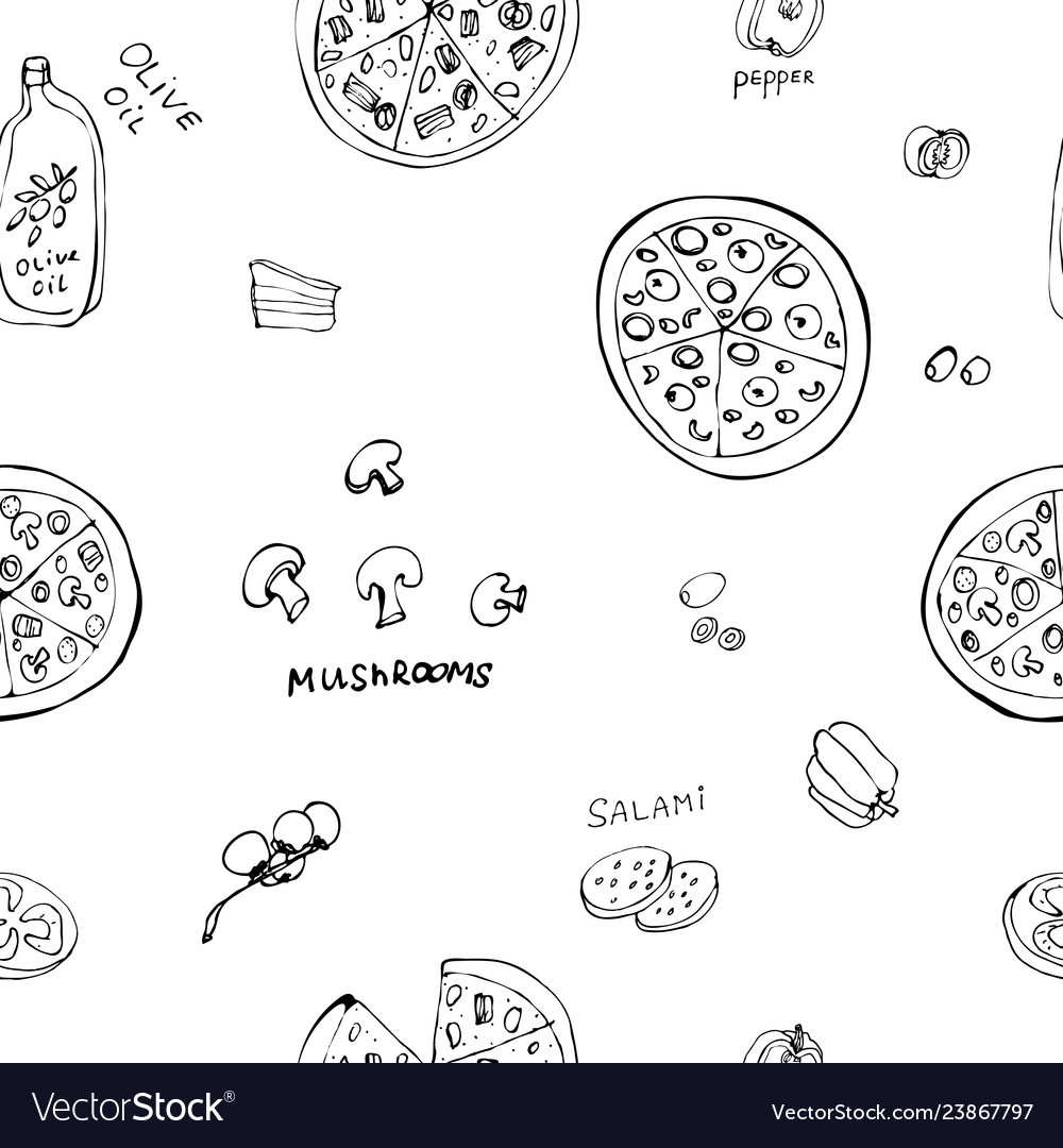 Seamless pattern with hand drawn pizza slices