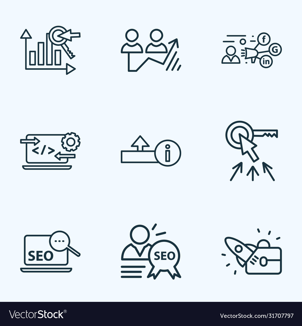 Seo icons line style set with startup upload vector image Seo icons line style set with startup upload