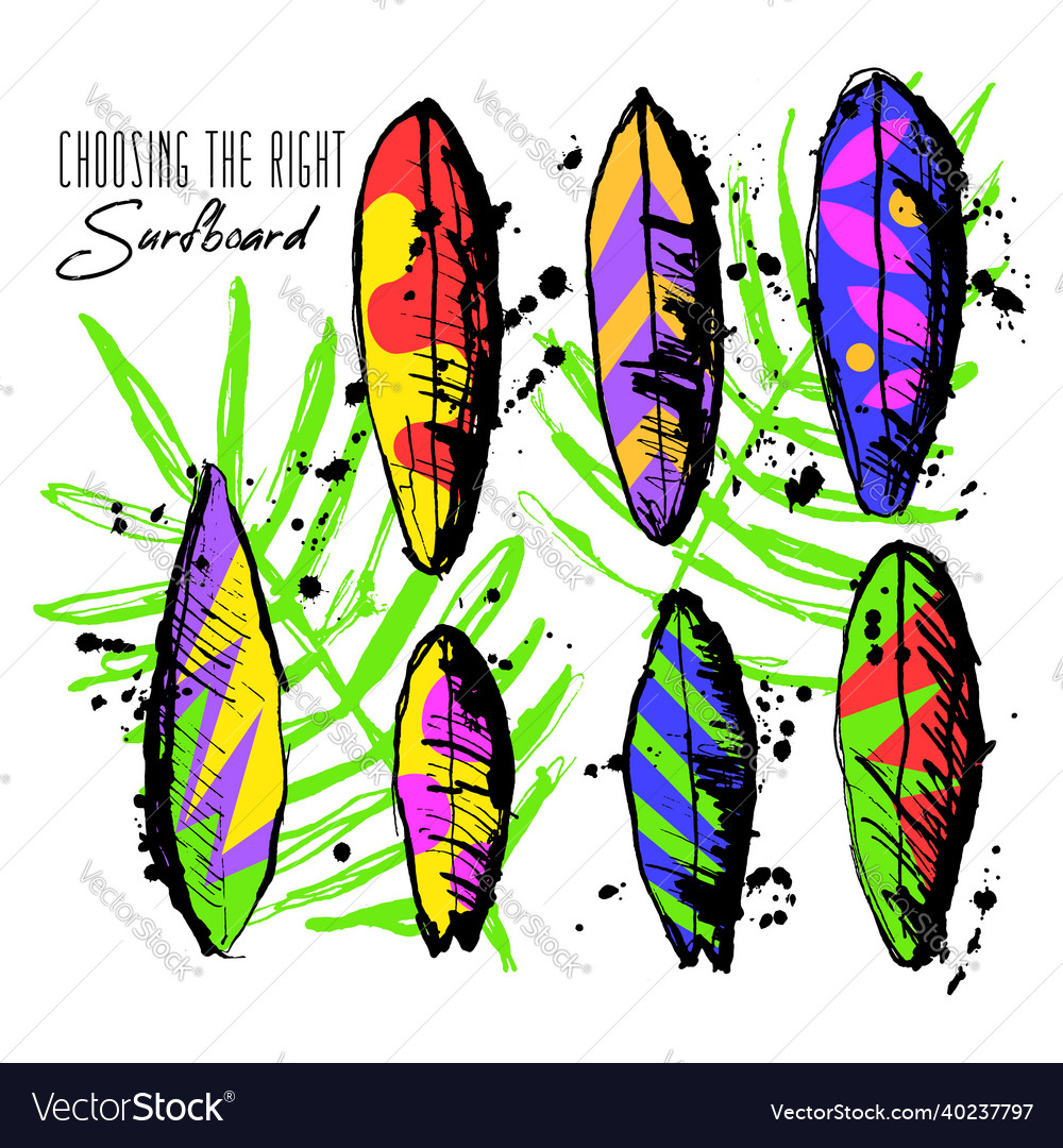 Set of multi colored surfboards with patterns vector image Set of multi colored surfboards with patterns
