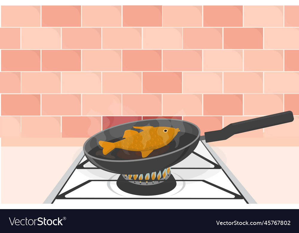 Big goldfish salmon trout in a pan fry on a gas Vector Image