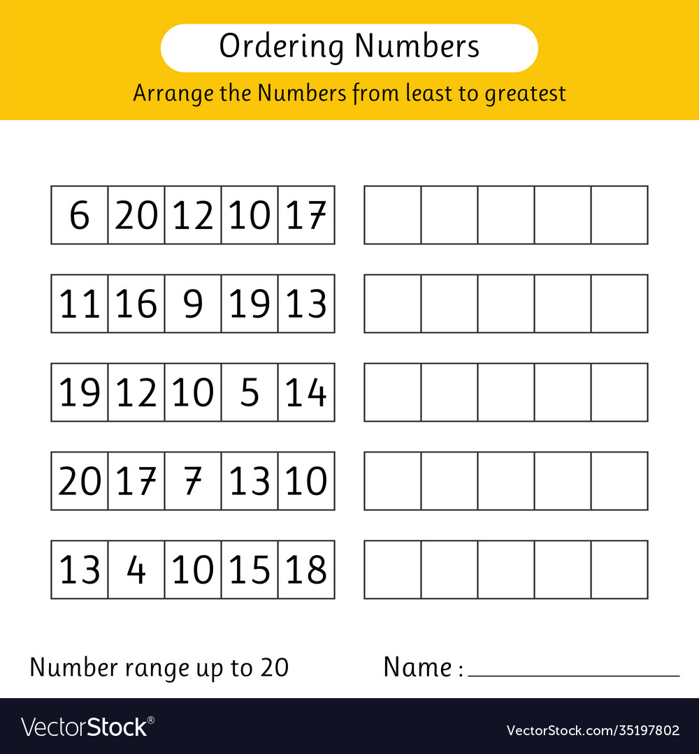 ordering numbers worksheet arrange numbers vector image