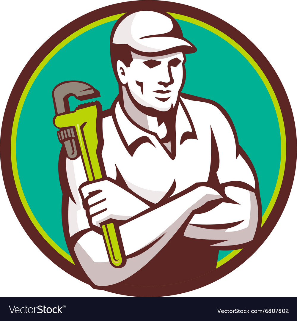 Plumber monkey wrench arms crossed circle retro Vector Image