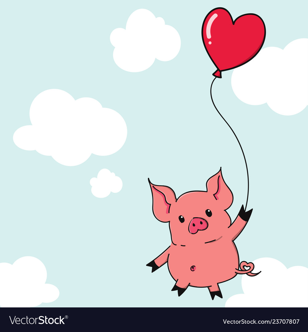 Cute cartoon pig hanging with heart shape balloon Vector Image