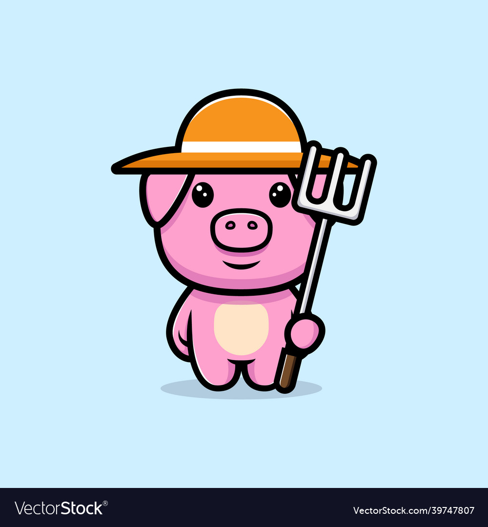 Cute pig farmer wearing hat mascot character