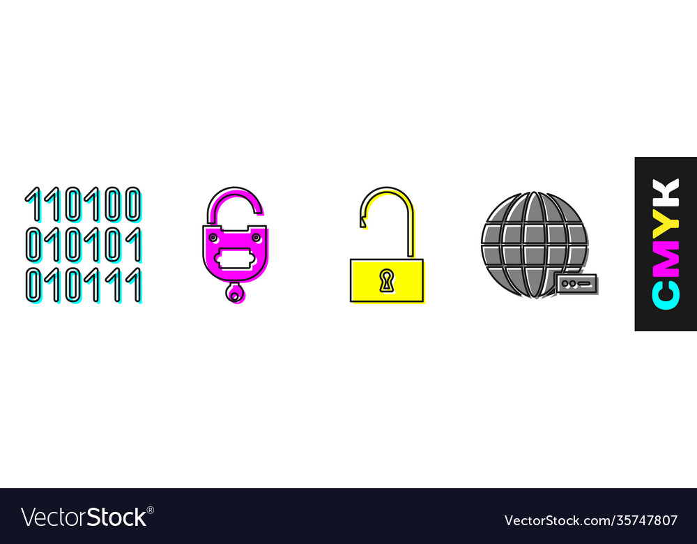 Set binary code lock and key open padlock vector image Set binary code lock and key open padlock