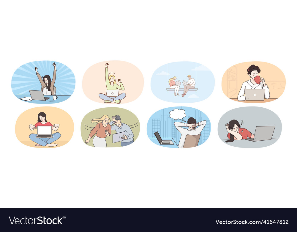 Bundle of people use computer working online vector image Bundle of people use computer working online
