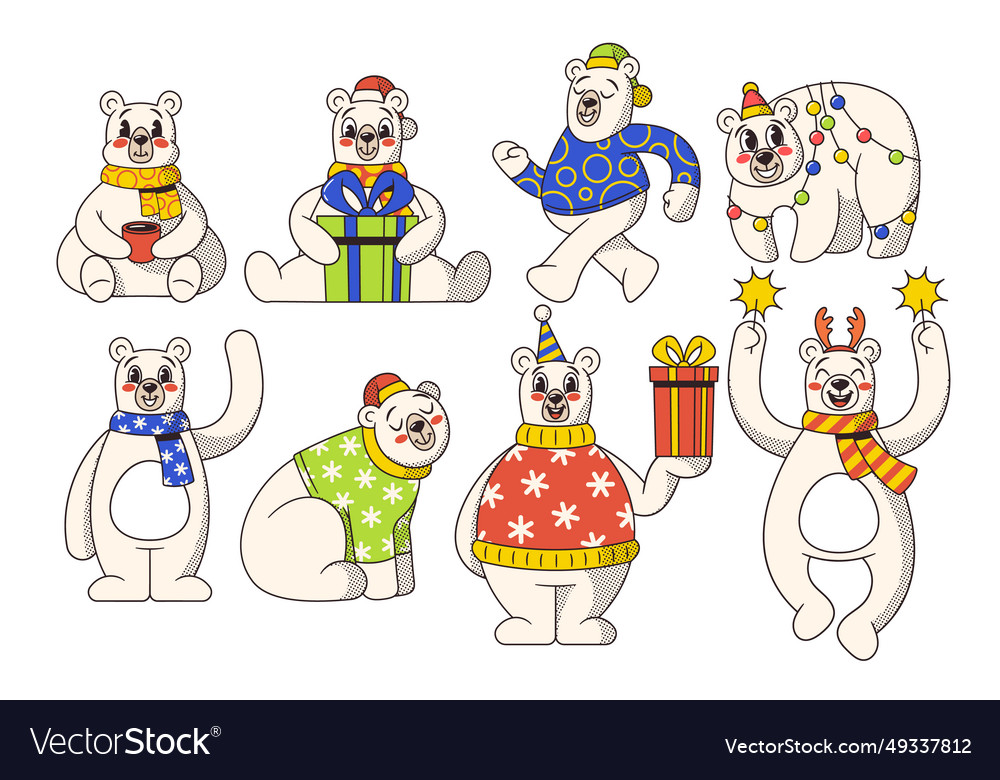 Retro-style polar bears cartoon characters