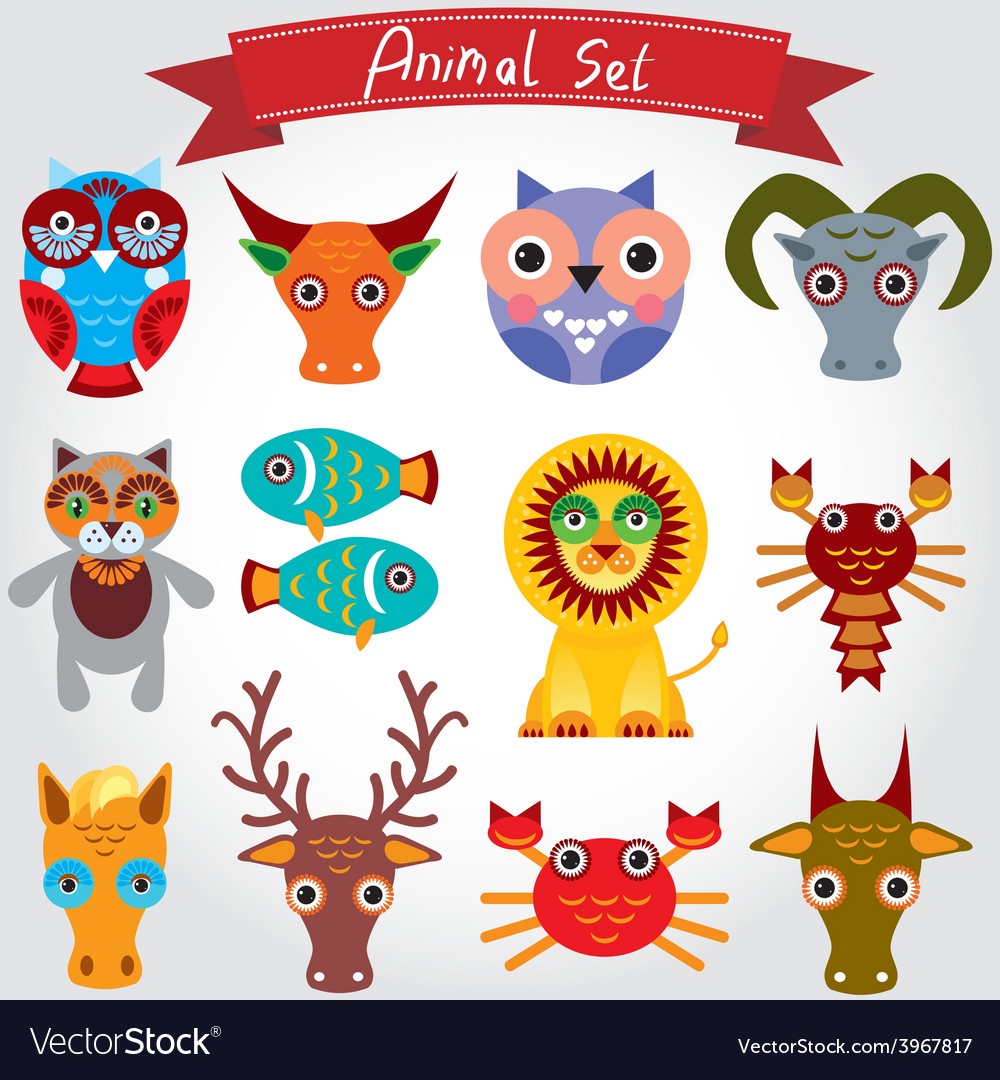 Cute animal set including lion cat hors