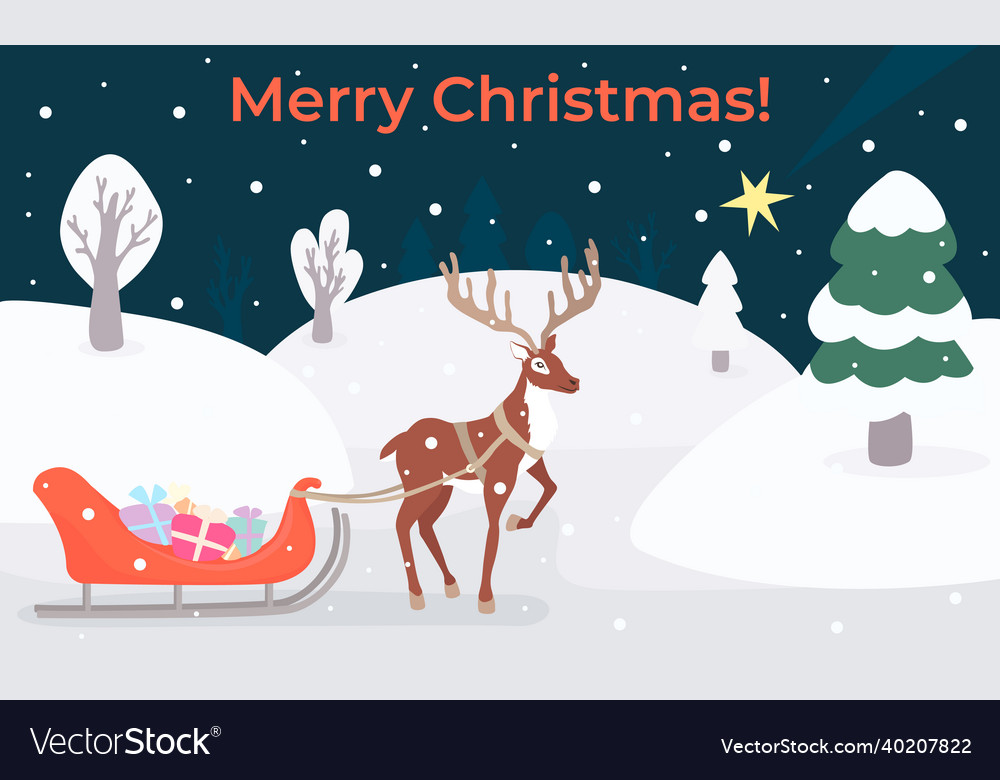 Forest deer sleigh with gifts on the background