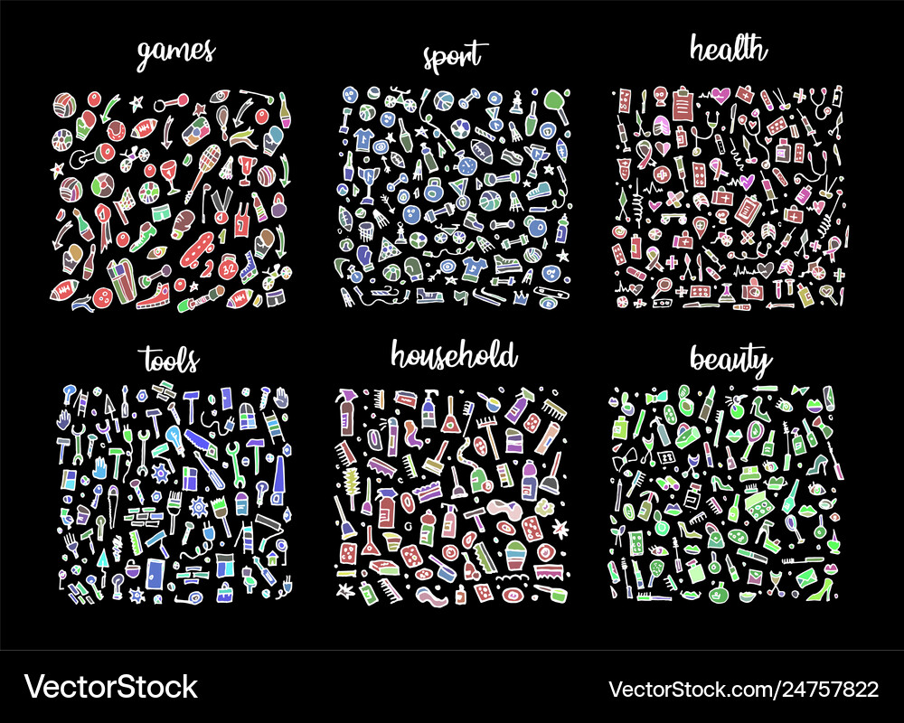Hand drawn icons set and elements pattern digital Vector Image