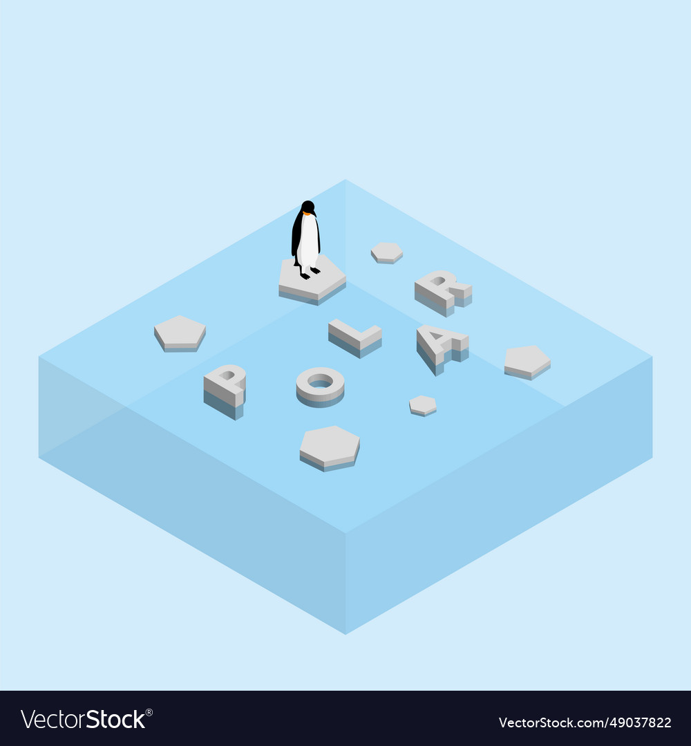 Penguin on floating ice sheet and a text word