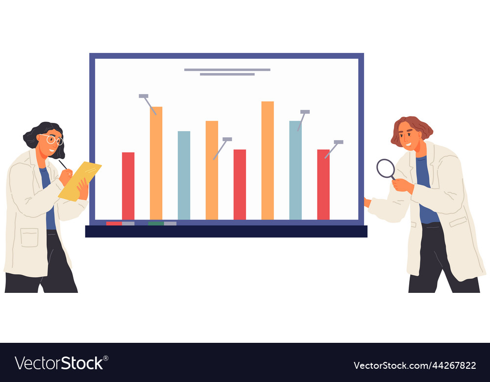 Scientist works with data analytics and research vector image Scientist works with data analytics and research