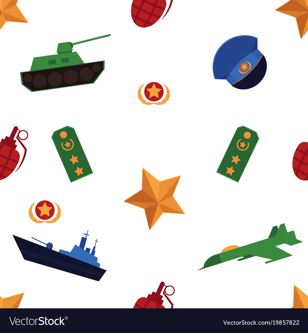 Seamless pattern with flat army military objects
