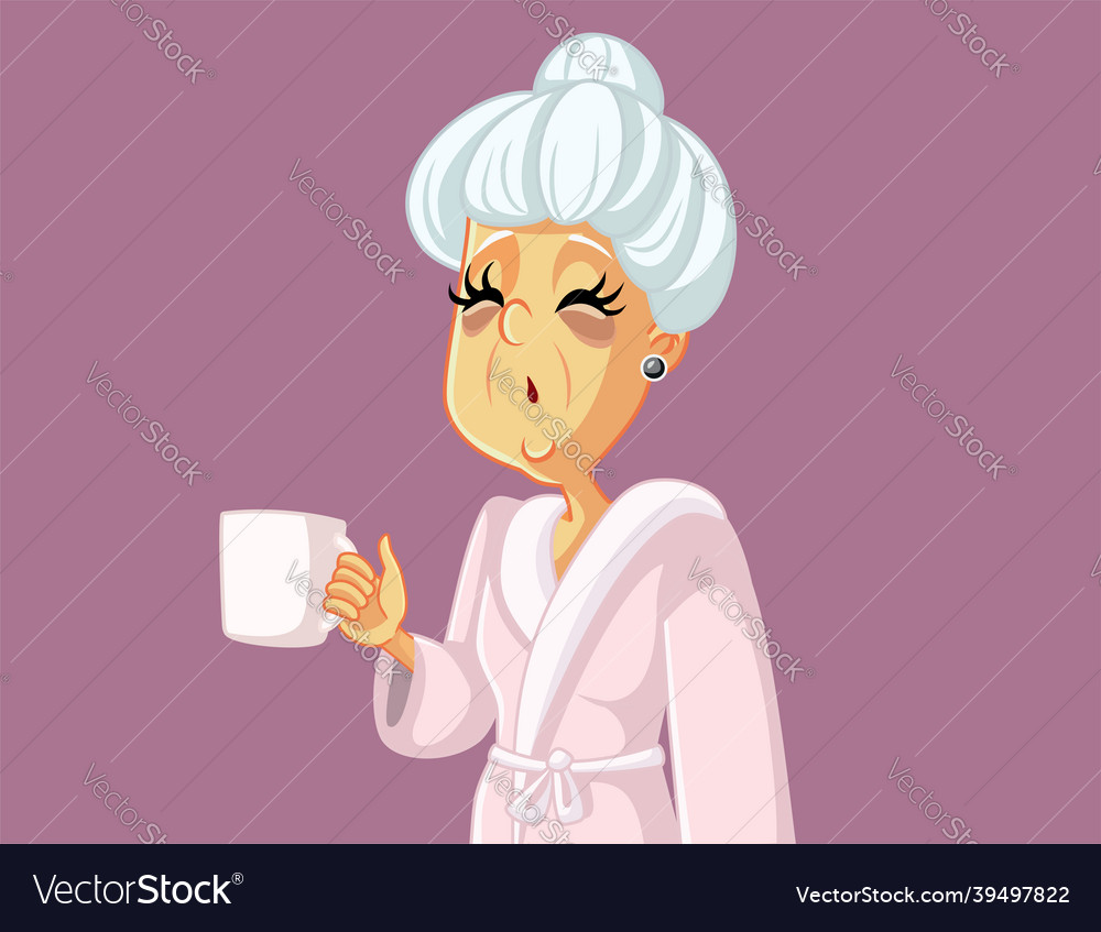 Tired old woman holding a coffee mug cartoon Vector Image