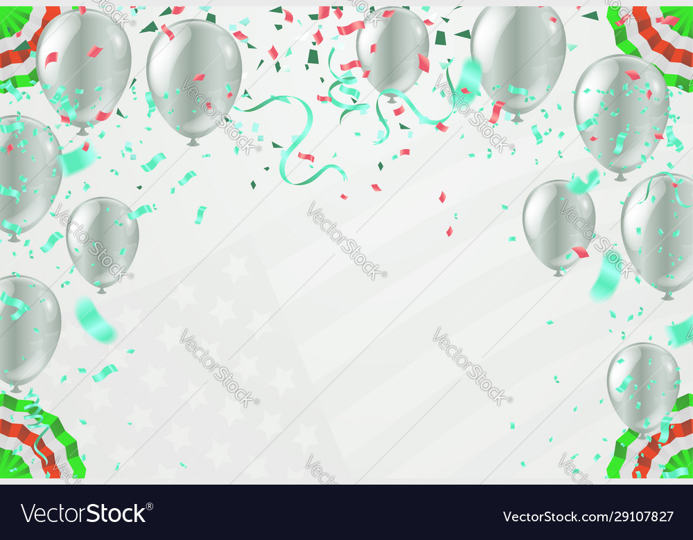 Green celebration with ribbon confetti and balloon