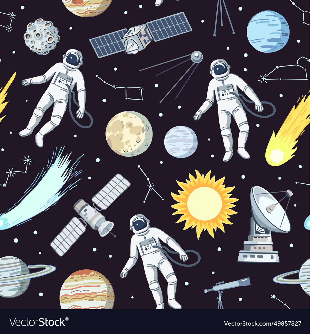 Seamless pattern with astronauts stars planets