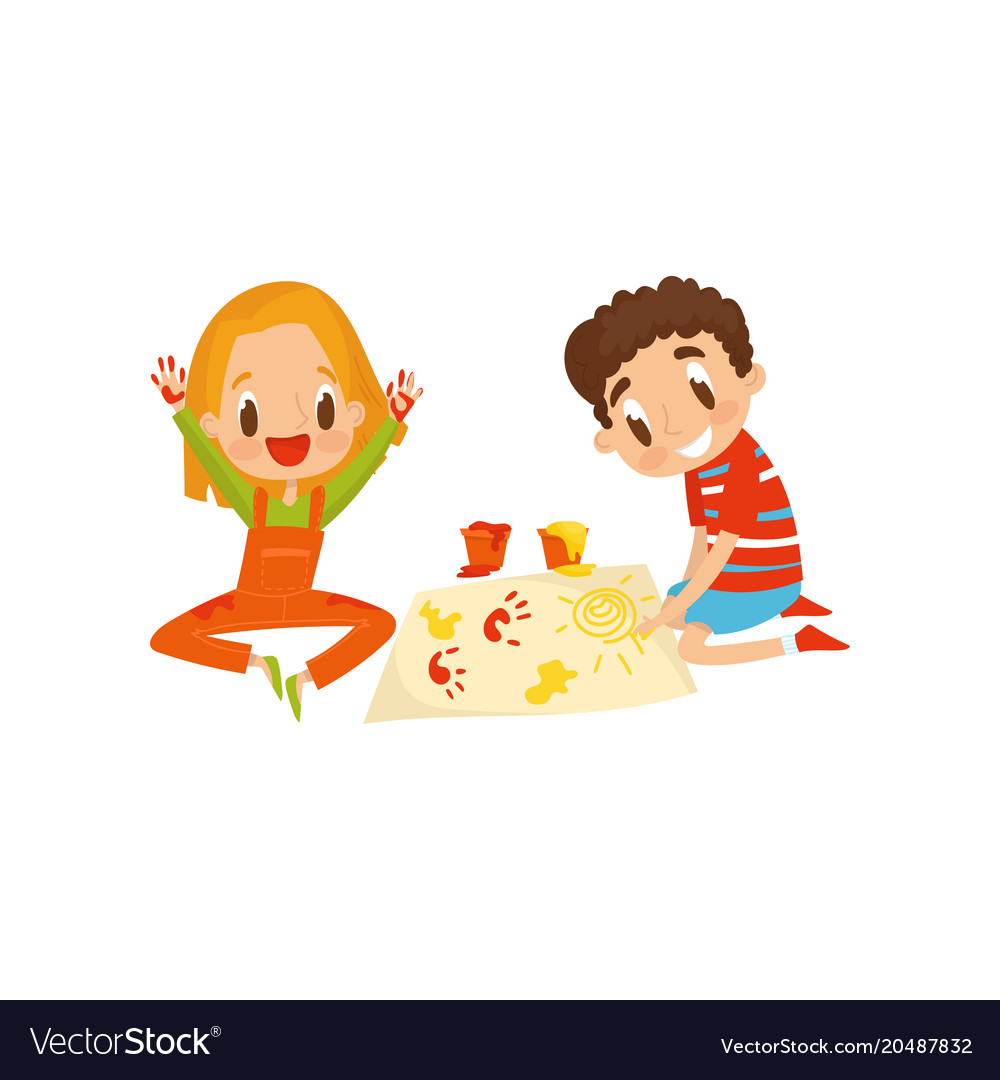 Cute little boy and girl sitting on the floor Vector Image