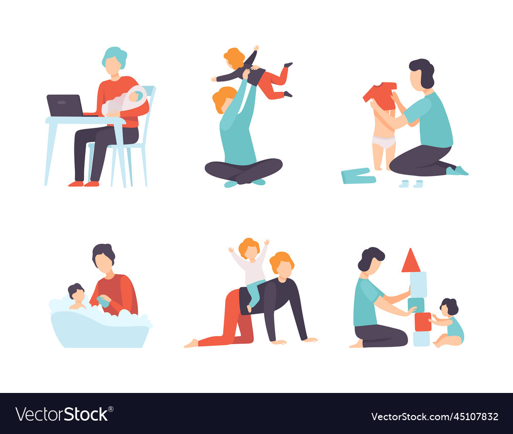 Man dad nursing little kid engaged in parenting Vector Image