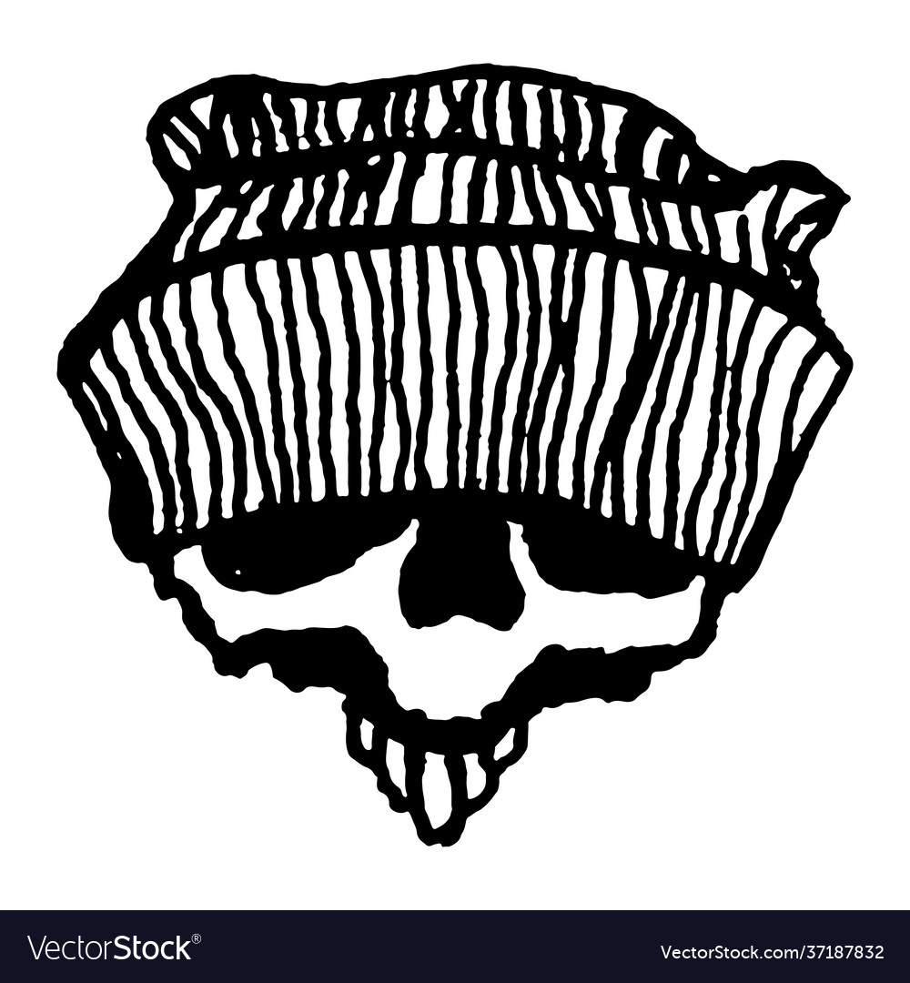 Spooky human skull in a knitted hat