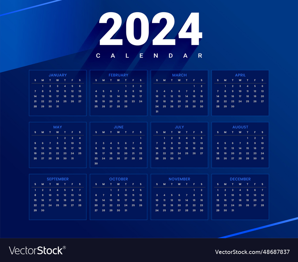 Dark blue 2024 new year english calendar template Vector Image