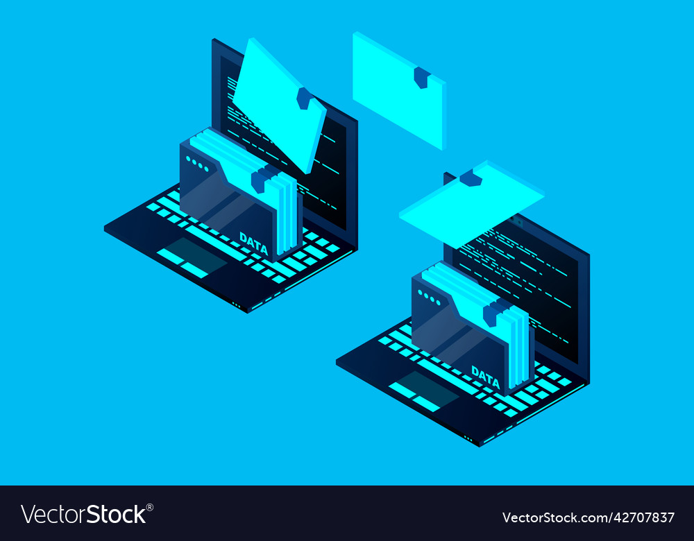 Isometric computer file transfer two laptop vector image Isometric computer file transfer two laptop