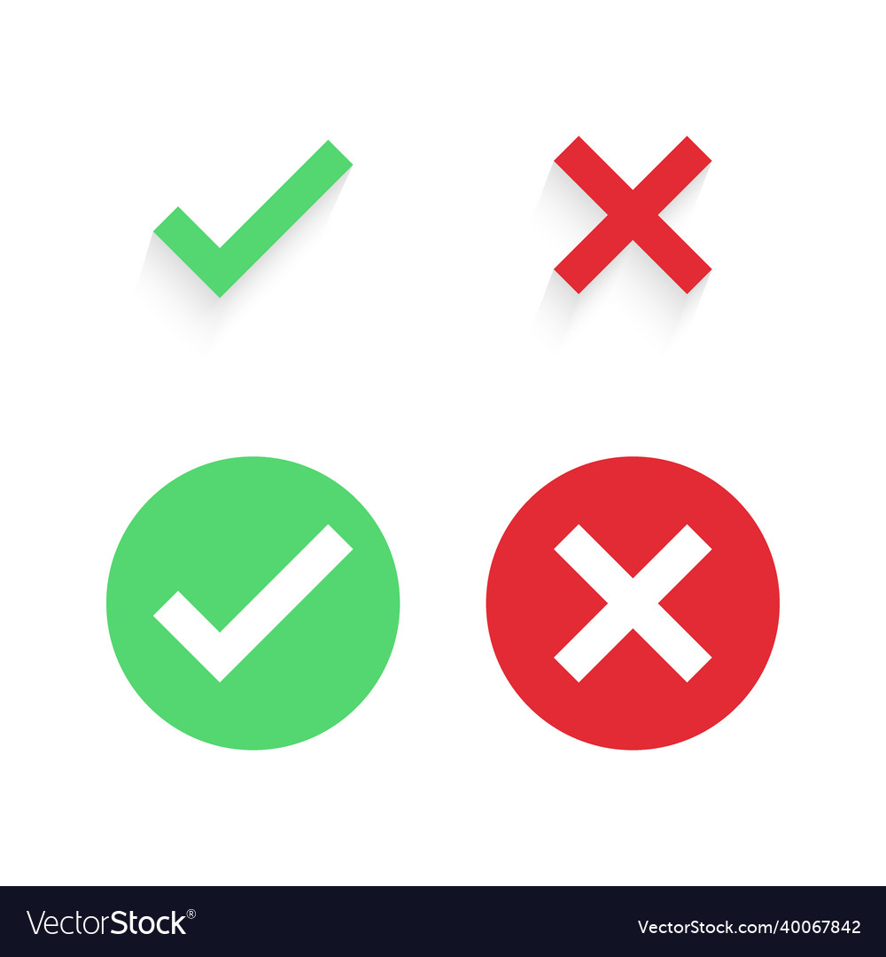 Cross check mark icons flat round buttons set vector image Cross check mark icons flat round buttons set