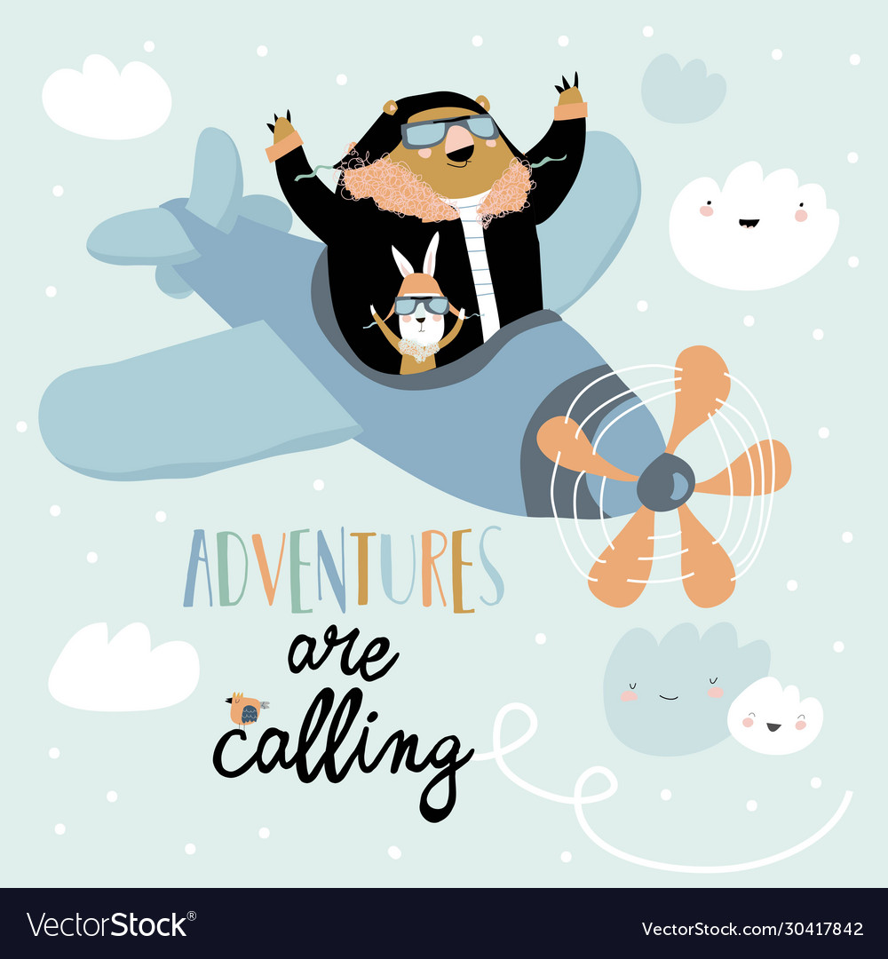 Cute bear and rabbit on a plane in sky Royalty Free Vector
