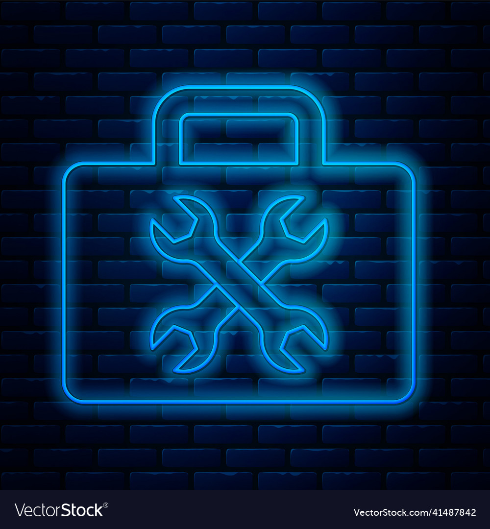 Glowing neon line toolbox icon isolated on brick