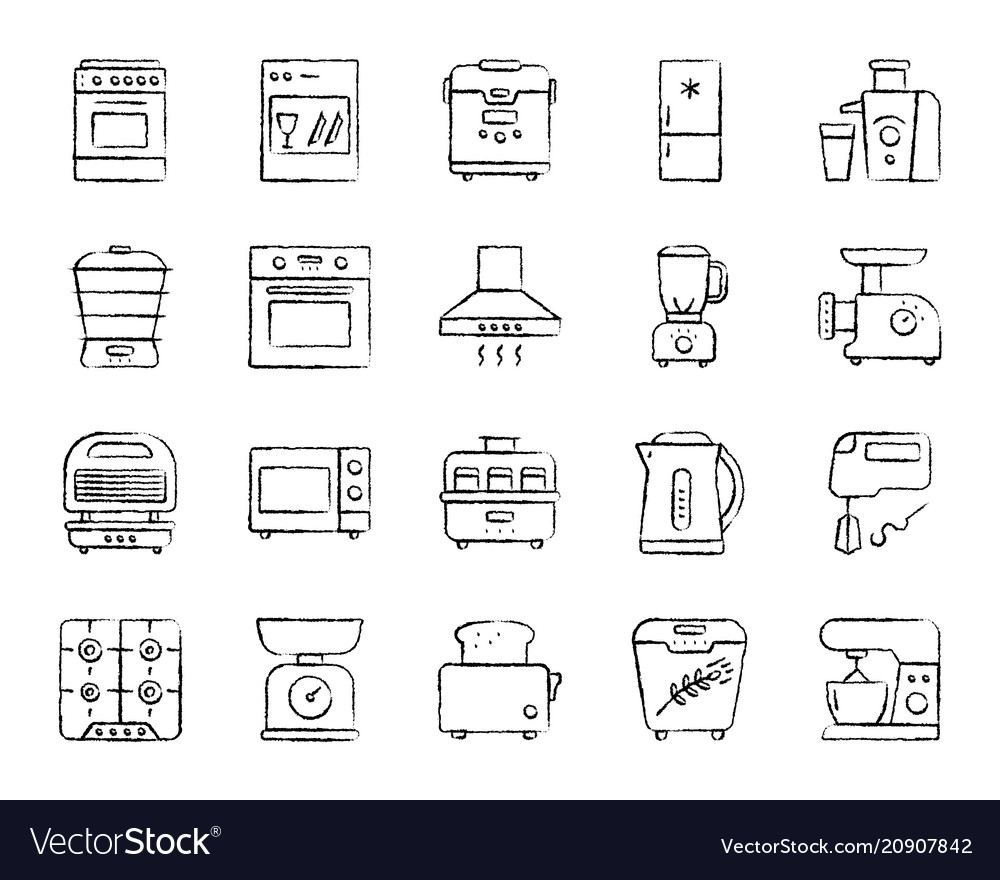 Kitchen appliance charcoal line icons set Vector Image