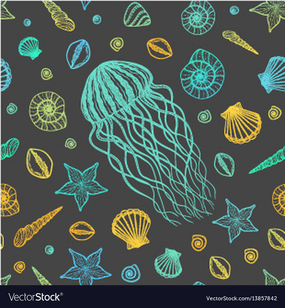 Seamless pattern with jellyfish and shells in line vector image Seamless pattern with jellyfish and shells in line