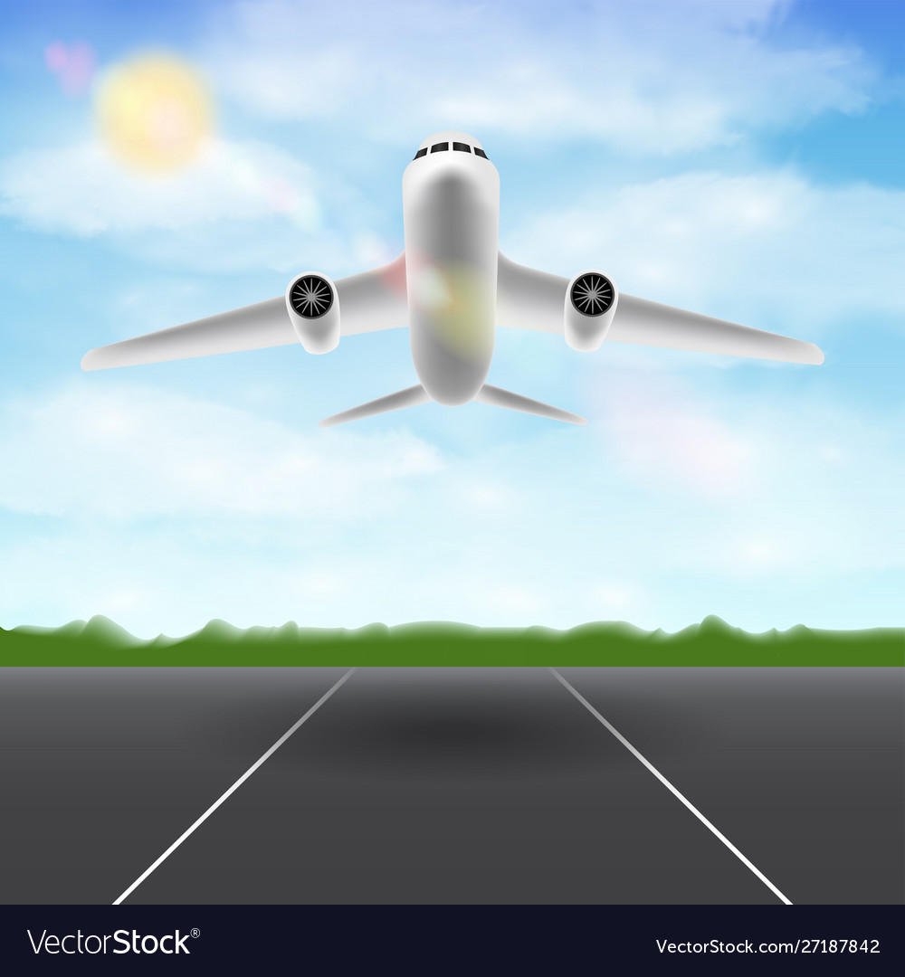 White airplane flying in sky over airport runway Vector Image