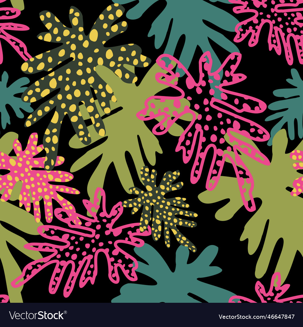 Doodle grunge textured tropical leaves seamless vector image Doodle grunge textured tropical leaves seamless
