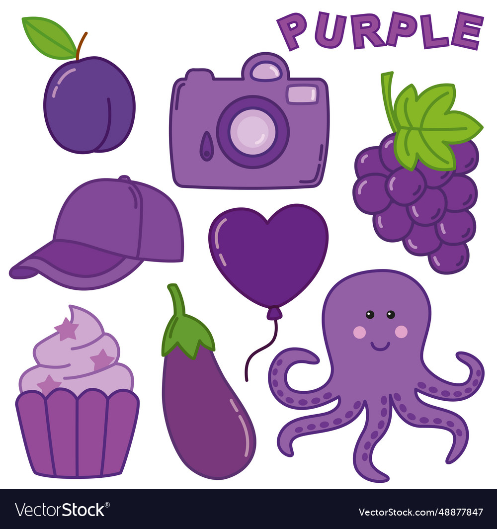 Purple color flashcard for different objects Vector Image