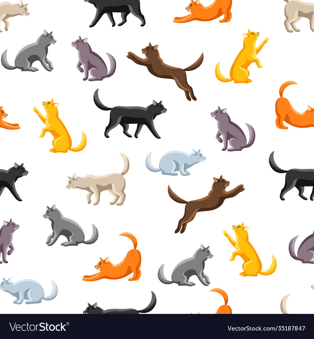 Seamless pattern with stylized cats in various