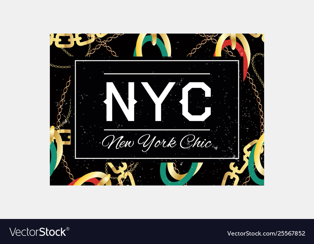 Nyc slogan typography on gold chain pattern