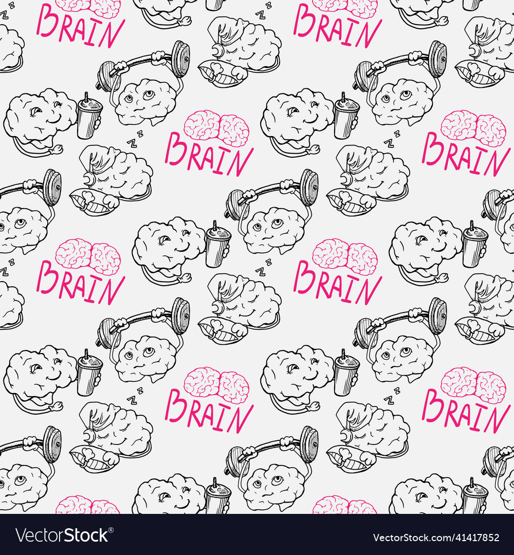 Seamless pattern of brain character sketches vector image Seamless pattern of brain character sketches