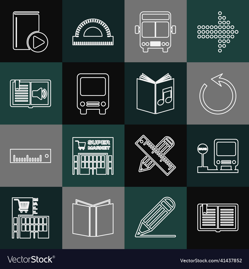 Set line open book bus stop refresh audio vector image Set line open book bus stop refresh audio