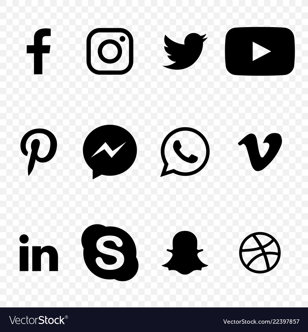 Black and white social media icons on transparent Vector Image