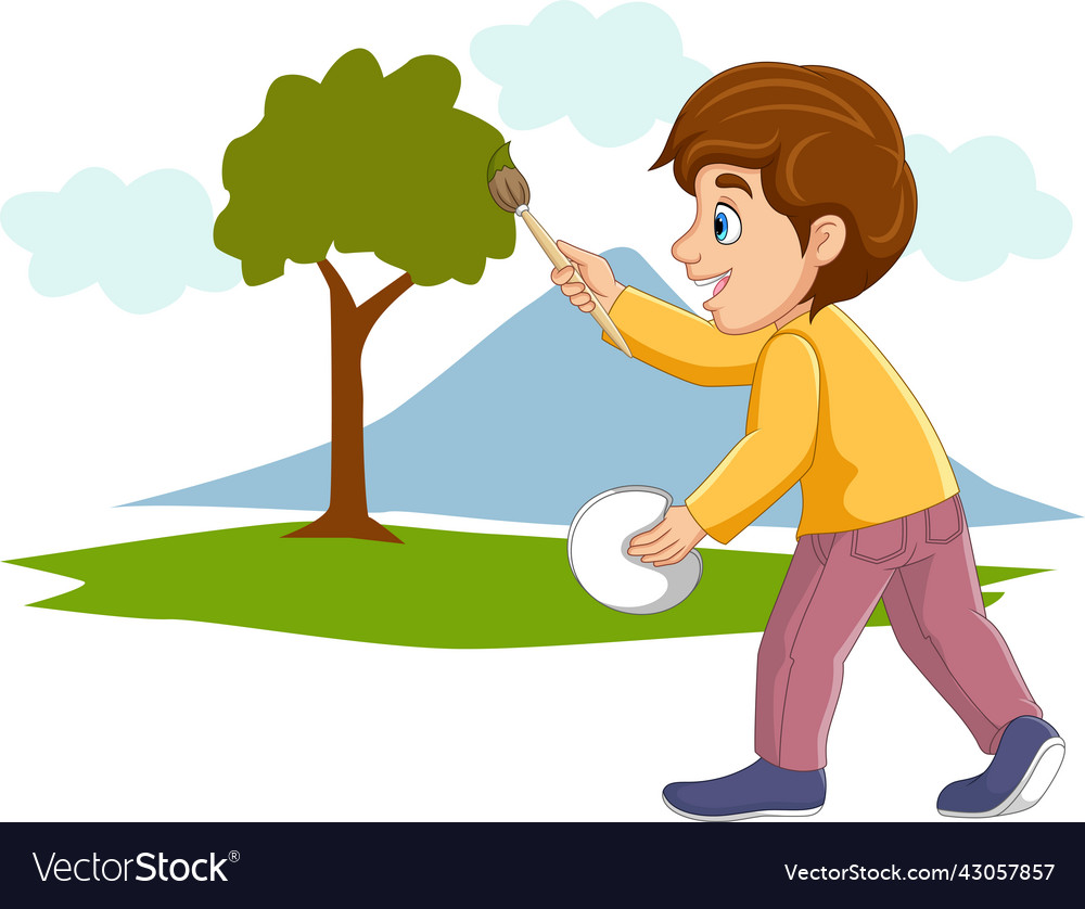 Cute little boy painting tree clouds and mountain