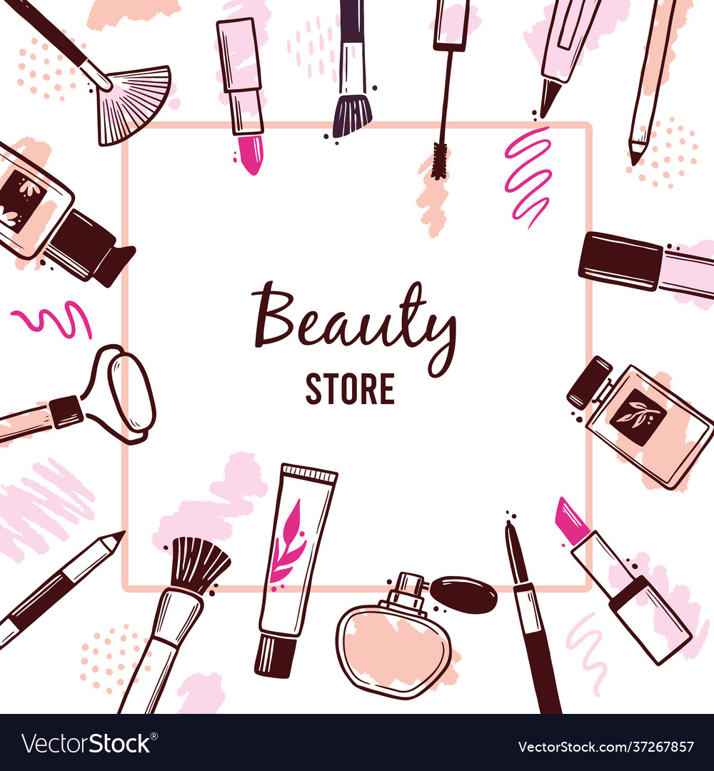 Hand drawn template with makeup beauty cosmetic Vector Image