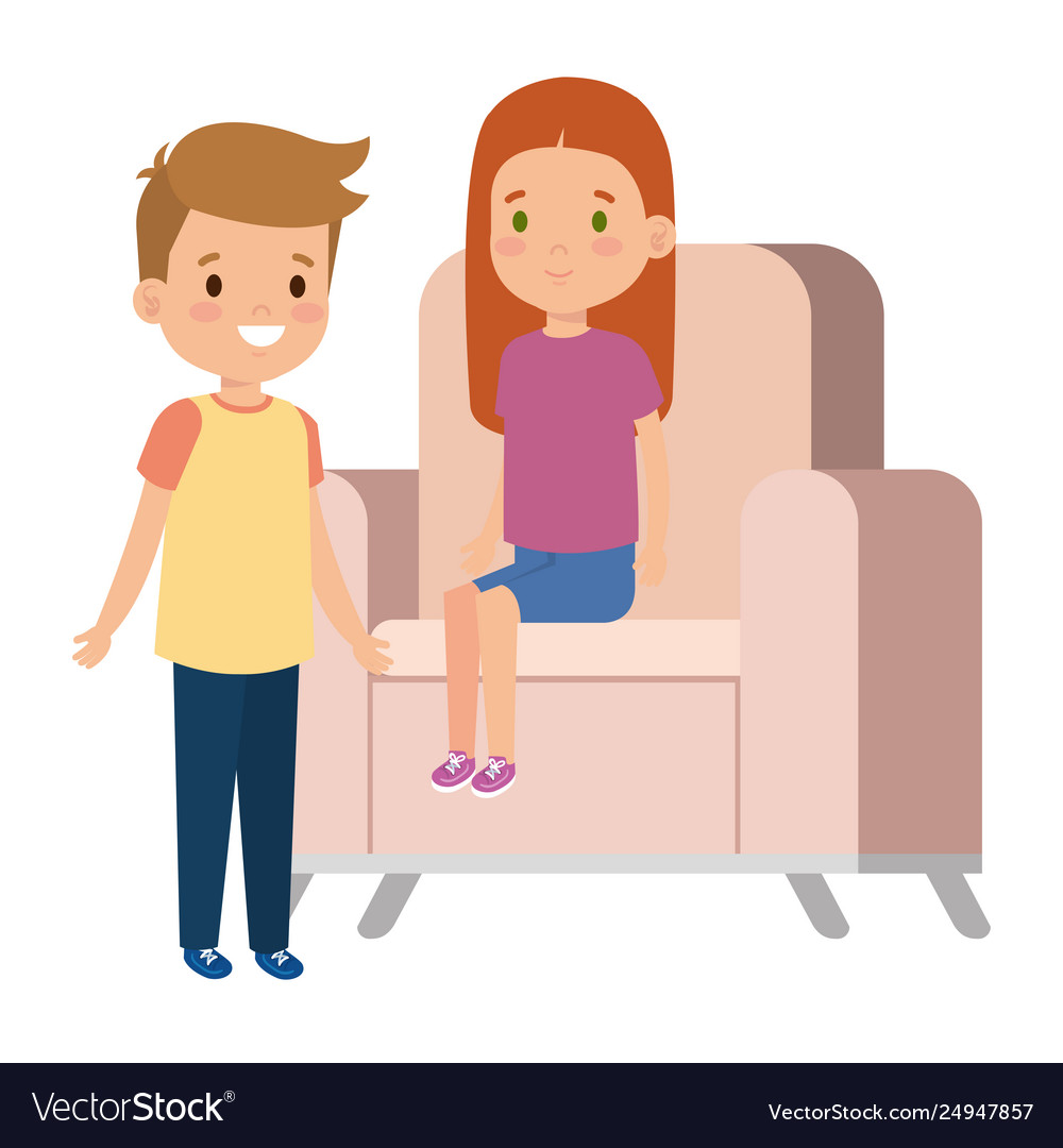 Little kids couple sitting in sofa Royalty Free Vector Image