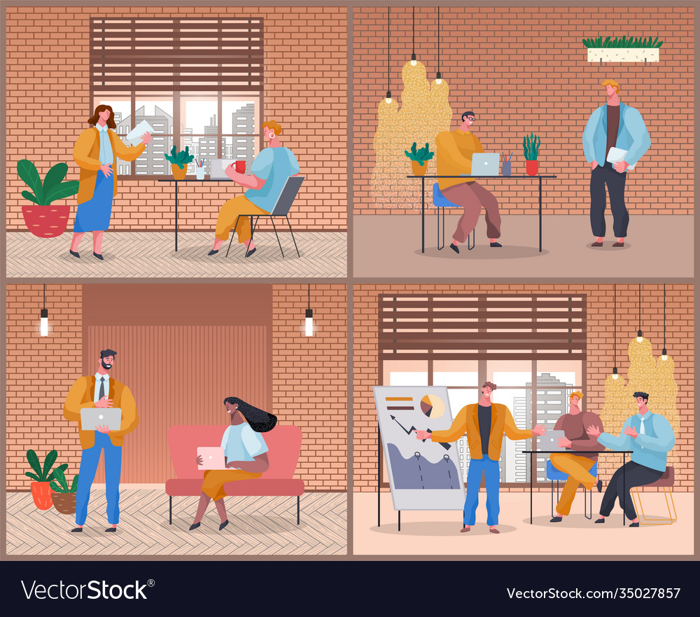 Bürolebensarbeiter diskutieren Projektstart vector image Bürolebensarbeiter diskutieren Projektstart